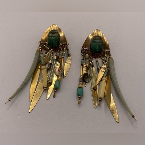 Vintage Signed Tabra Scarab Dentalium Gold Filled Dangle Earrings Pierced - Picture 10 of 12